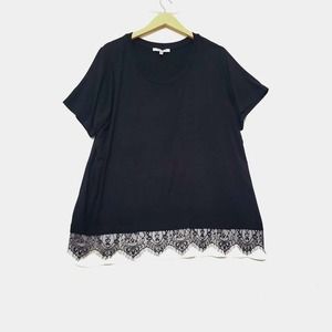 Rose + Olive Size 2X Black White Lace Trim Top Women Blouse Short Sleeve Stretch